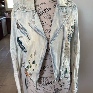 Blank NYC Jean Moto Jacket with Floral Embroidery Boho